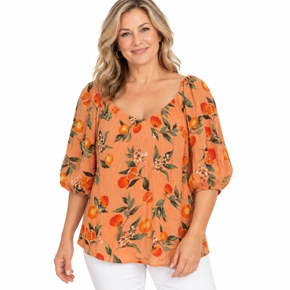 Ann Taylor Loft Orange Print V-Neck Puff Sleeve Rayon Lined Top Shirt Blouse L